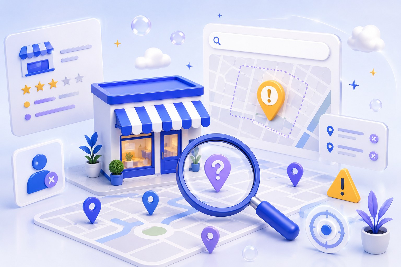 Isometric 3D illustration of a local business storefront, map pins and search elements representing Google Maps visibility.