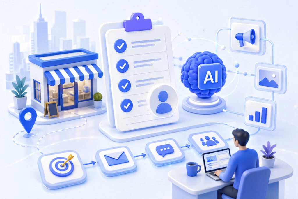 3D AI marketing workflow for a local business with checklist and campaign tools