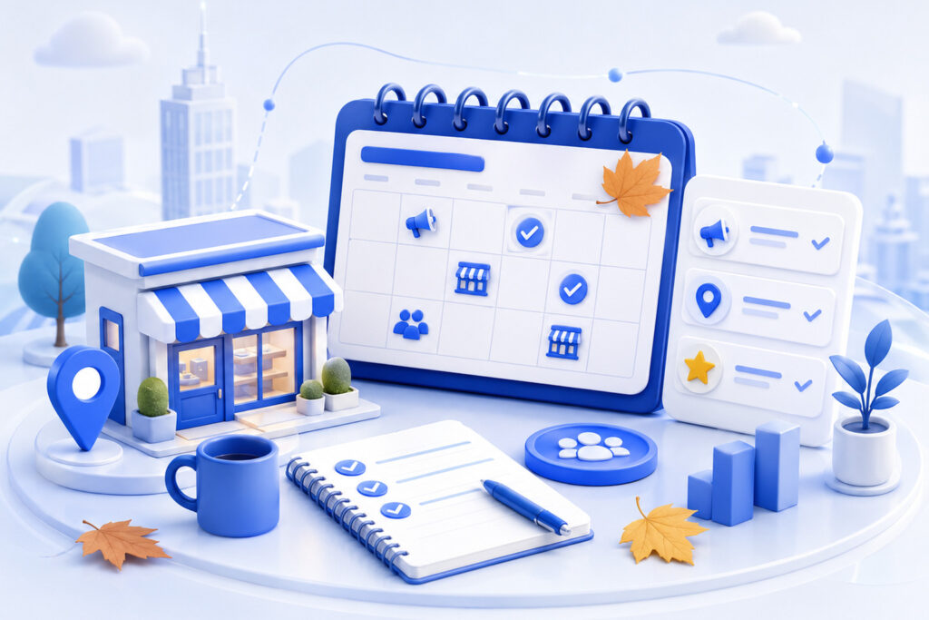 3D local marketing calendar and storefront for seasonal planning