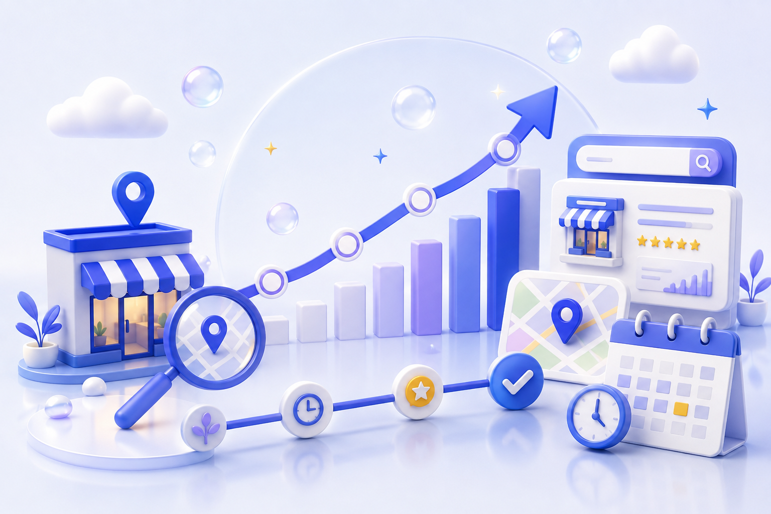 Isometric 3D illustration of local search analytics, growth charts and progress indicators representing the time needed for local SEO results.