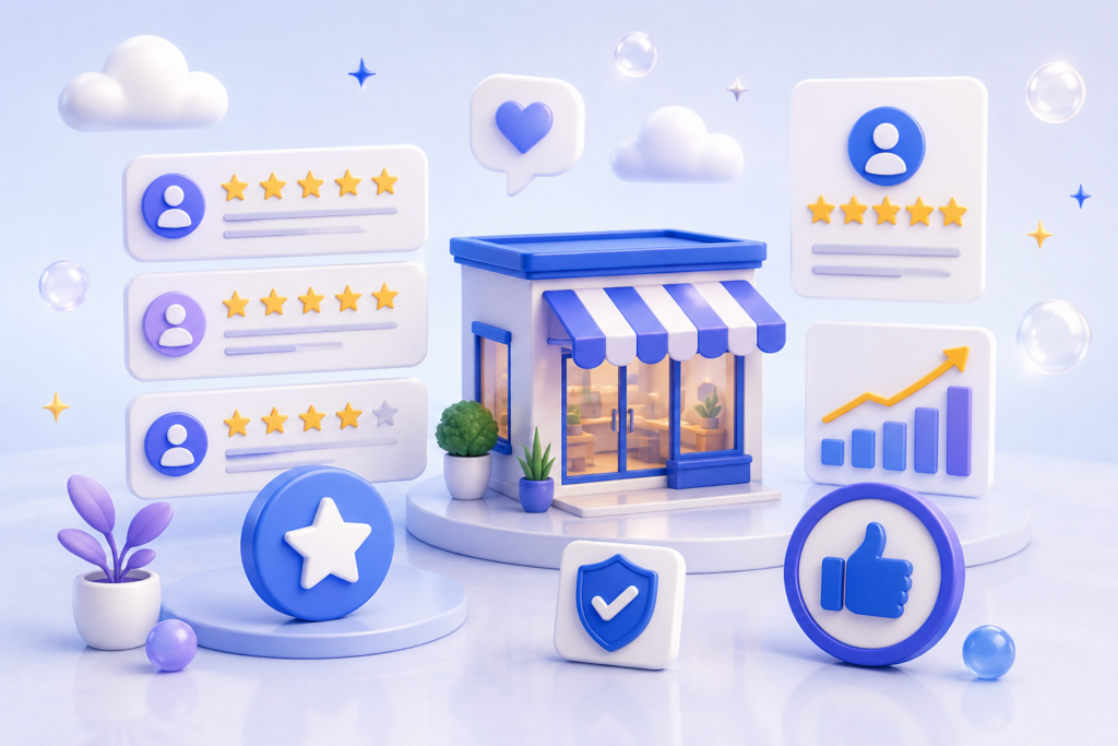 Isometric 3D illustration of a local business storefront, review stars and feedback panels representing Google reviews and reputation.