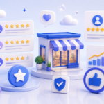 Isometric 3D illustration of a local business storefront, review stars and feedback panels representing Google reviews and reputation.