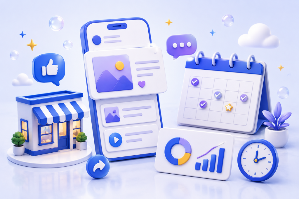 Isometric 3D illustration of a social media scheduling dashboard, calendar and content elements representing a local business posting routine.