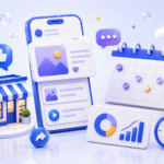 Isometric 3D illustration of a social media scheduling dashboard, calendar and content elements representing a local business posting routine.