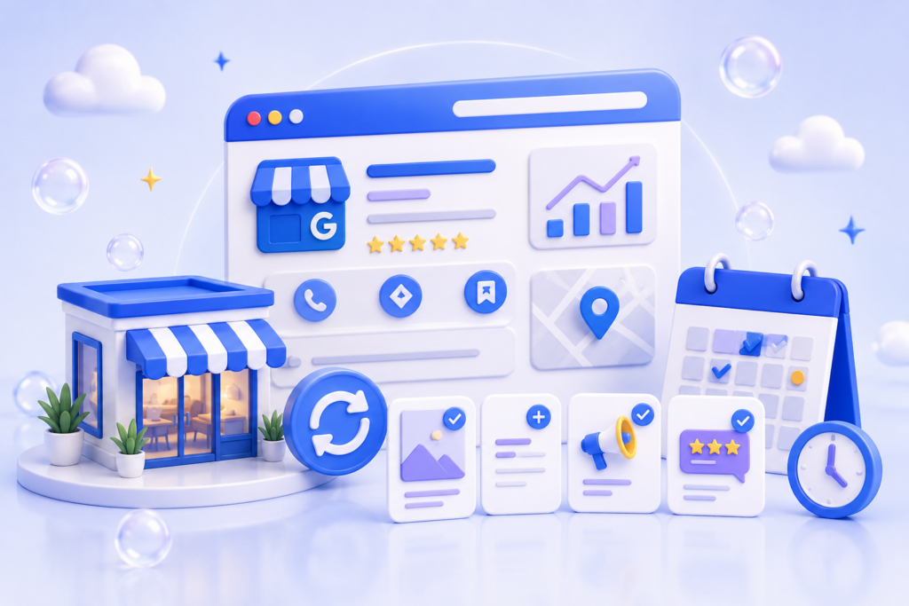 Isometric 3D illustration of a Google Business Profile dashboard with calendar and update elements representing regular profile maintenance.