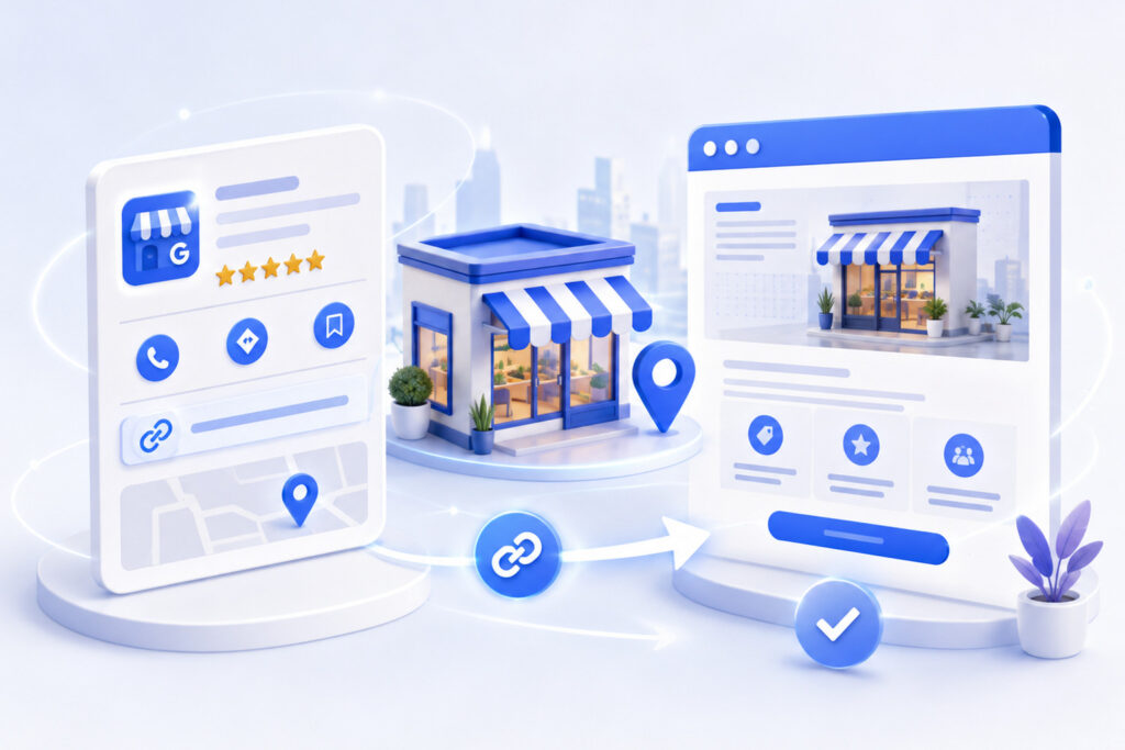 3D local storefront connected to Google Business Profile and website panels
