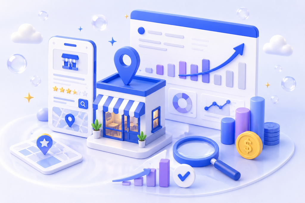 Isometric 3D illustration of a local business with search visibility and analytics growth elements representing the value of local SEO.