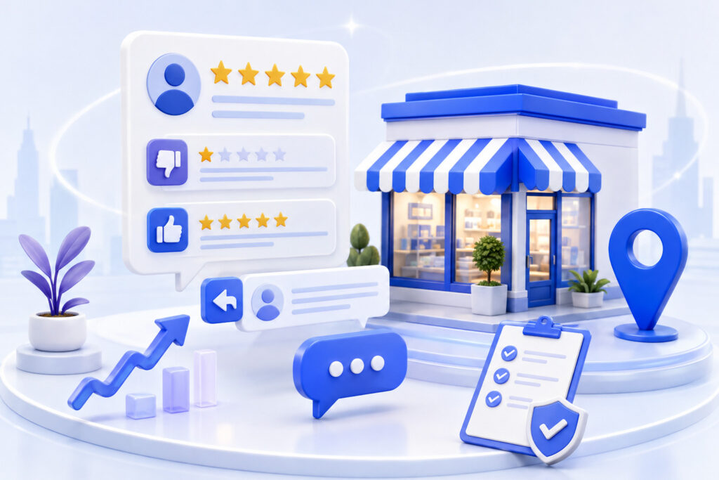 3D local business review dashboard showing reputation recovery and customer responses