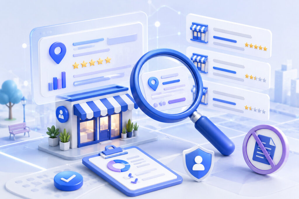 3D competitor visibility review with local listings, ratings, and search analysis