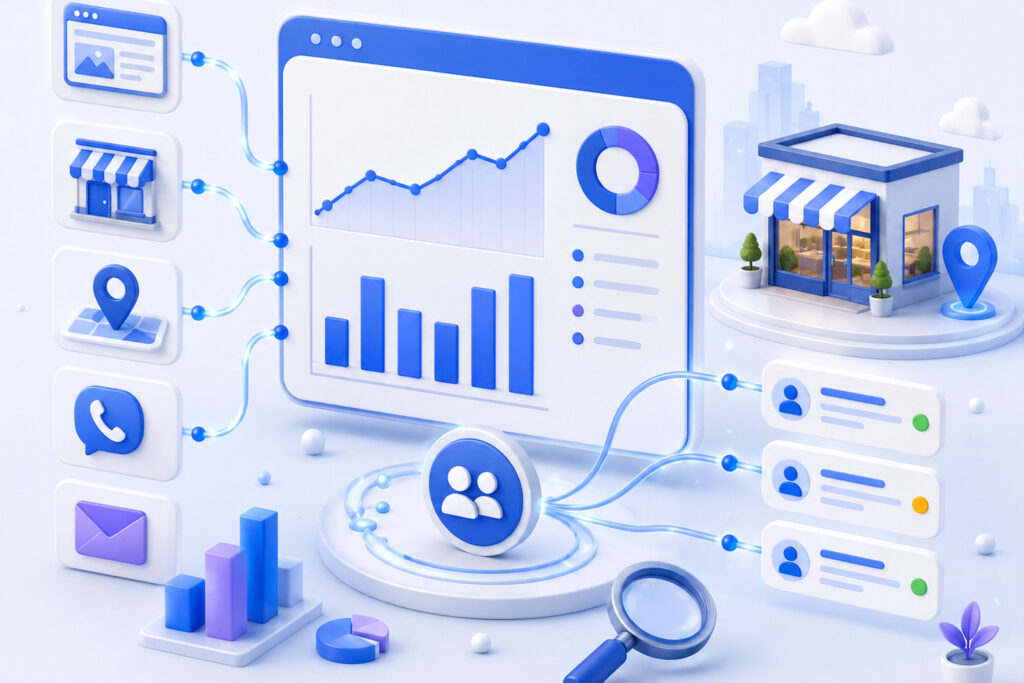 3D local marketing analytics dashboard tracking channels and enquiries