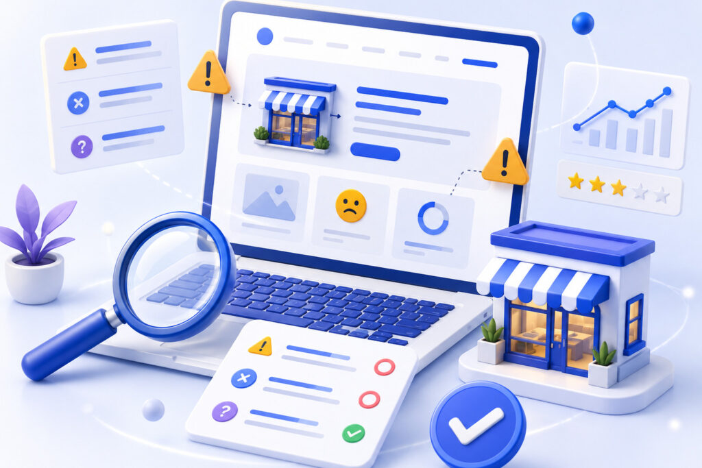 3D website audit dashboard showing local business conversion warning signs