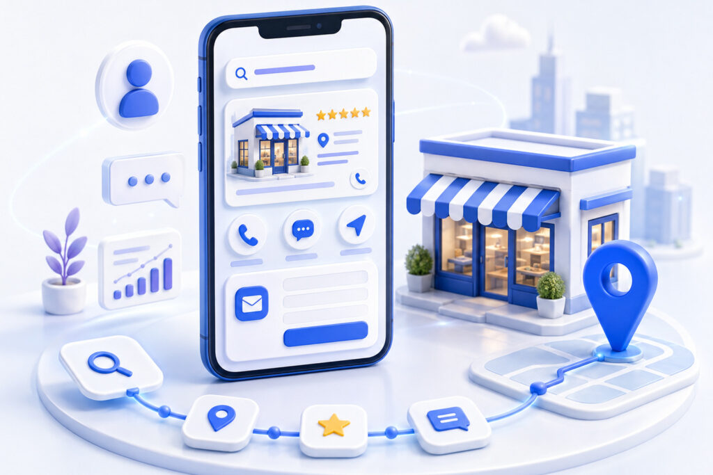 3D mobile local business search journey with storefront, reviews, contact, and map