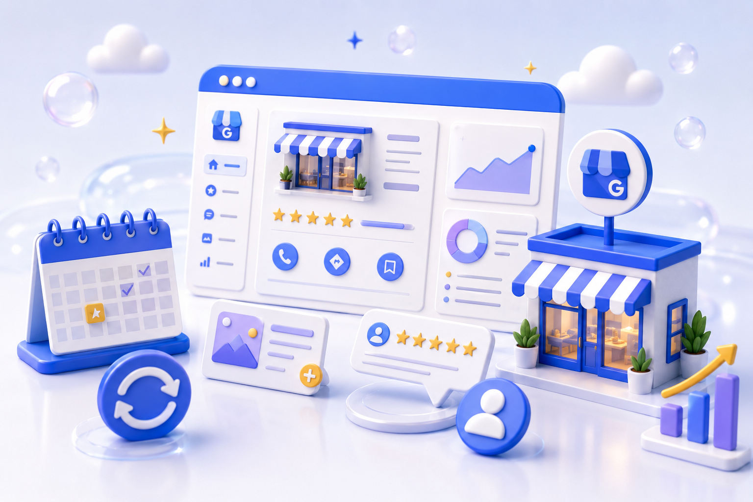 Isometric 3D illustration of a Google Business Profile dashboard with business details, activity panels and management controls representing monthly profile management.