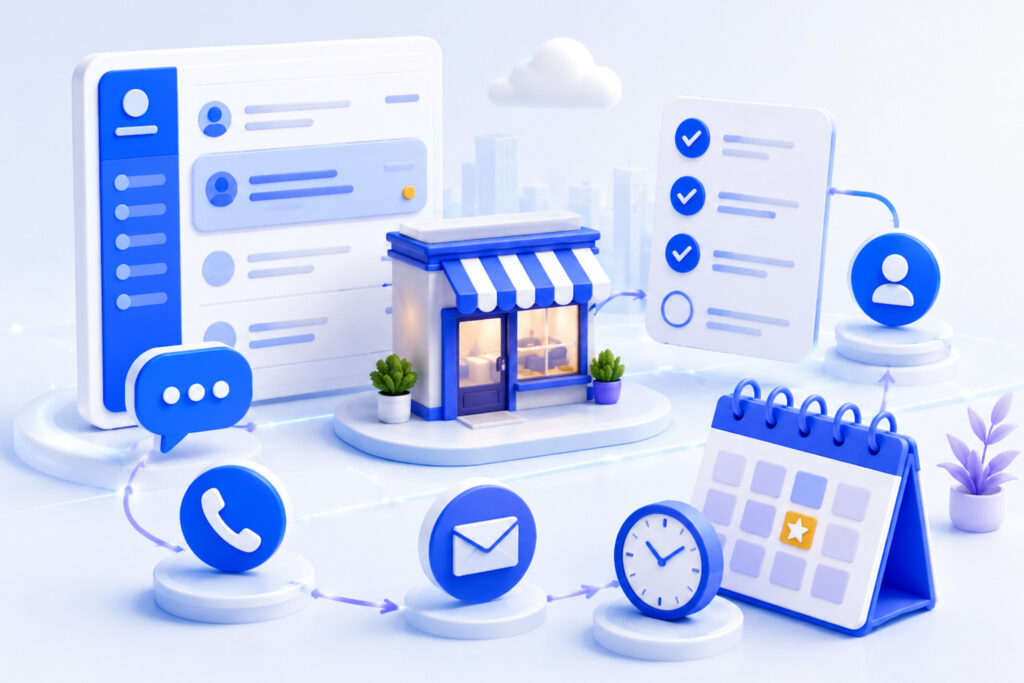 3D local business enquiry follow-up workflow with messages, phone, email, and calendar