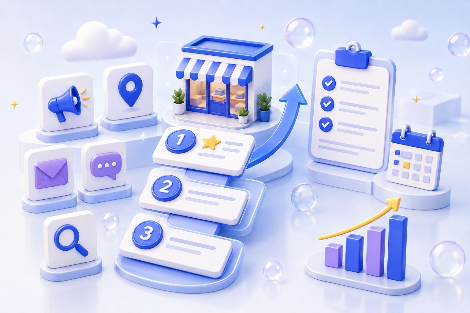Isometric 3D illustration of a local business marketing dashboard with priorities, growth indicators and channel elements representing what to focus on first.