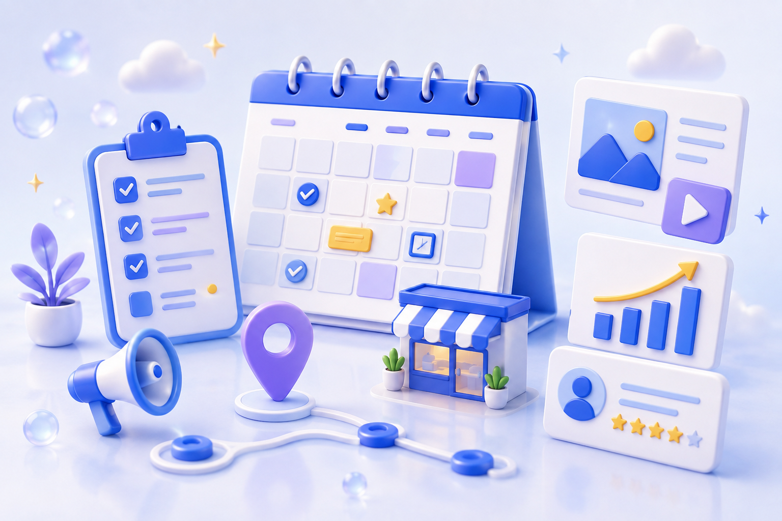 Isometric 3D illustration of a marketing planner, calendar, checklist and campaign elements representing a 30-day local marketing plan.