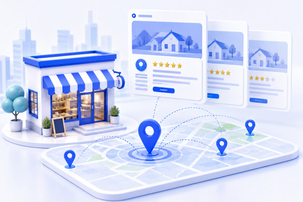 3D local storefront and map showing service-area landing page locations