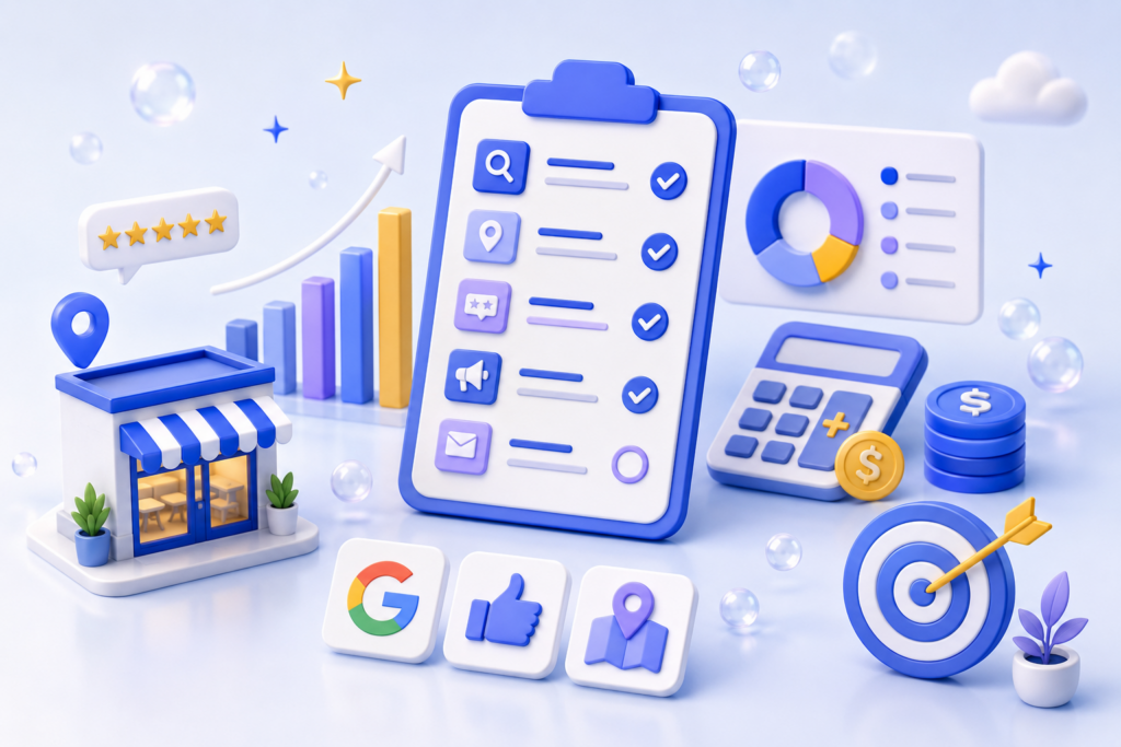 Isometric 3D illustration of marketing analytics, charts and campaign performance indicators representing how to evaluate paid local marketing activities.